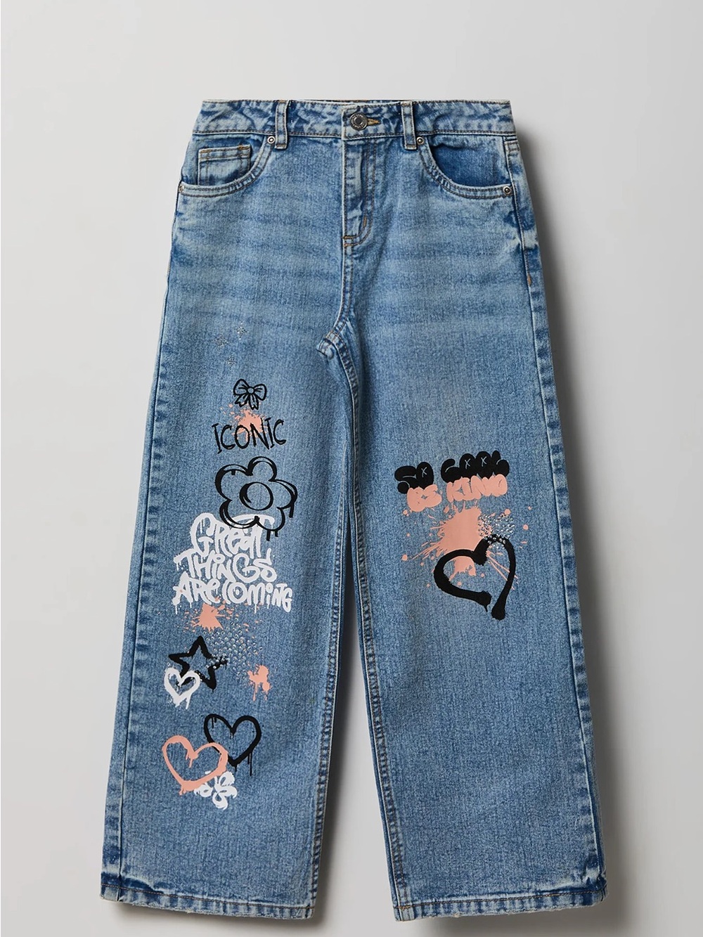 Urban Planet Blue Denim Kids Jeans with Pink & Black Graphic Prints